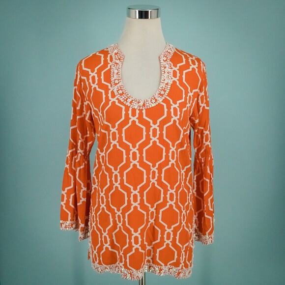 escapada Tops - Escapada Size Small S Orange Geo Beaded Long Sleeve Vacation Resort Tunic Top